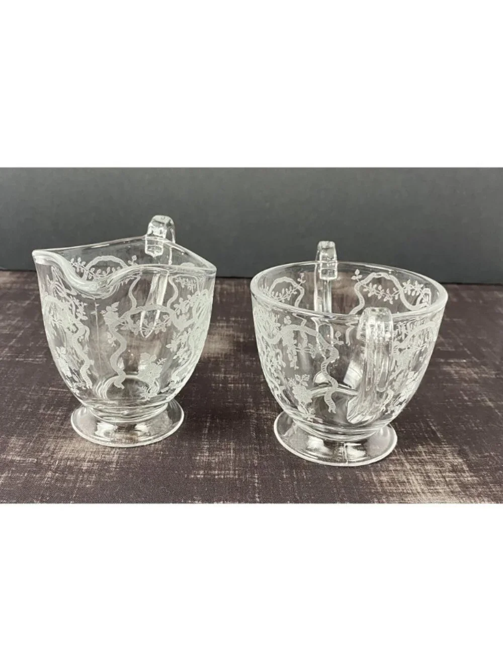 VTG 1940s Fostoria Romance Crystal Creamer Sugar Bowl Set Floral & Ribbon Etched - Picture 4 of 10